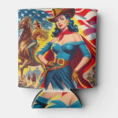 アメリカ女性のカーボーイのピンアップ 缶クーラー (正面)