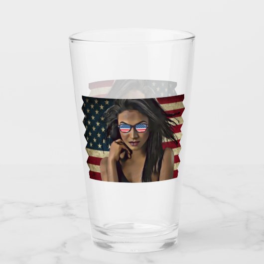 アメリカ女性動揺してアメリカ国旗 タンブラーグラス (正面)