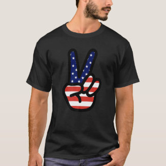 アメリカ平和のサイン ヒッピーハート アメリカ国旗 愛 Tシャツ