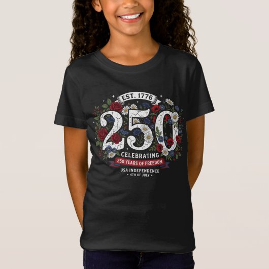 アメリカ建国250周年 フローラルデザイン 愛国 1776–2026 Tシャツ (正面)