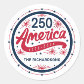 アメリカ建国250周年 赤 白 青 ラウンドシール (正面)