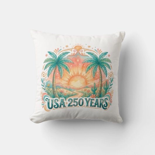 アメリカ建国250年 ヤシの木 愛国 デザート日の出 クッション (正面)