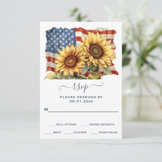 アメリカ愛国国旗のひまわり結婚の花 出欠カード (スタンド正面)