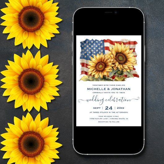 アメリカ愛国国旗のひまわり結婚の花 招待状