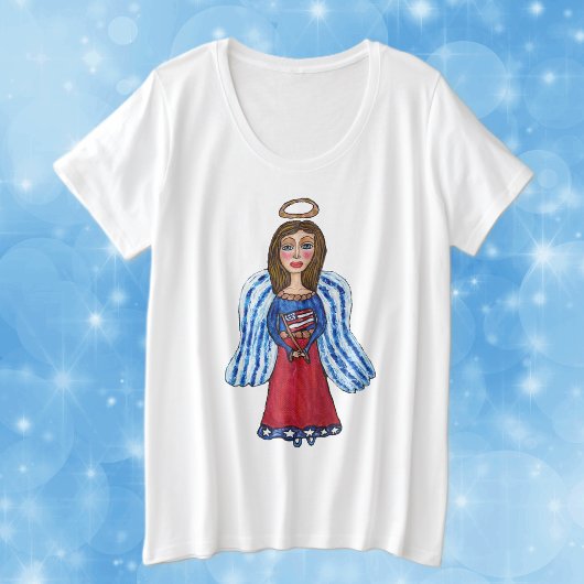 アメリカ愛国天使赤白青米国国旗 プラスサイズTシャツ