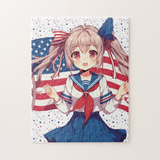 アメリカ愛国心のあるアニメの少女 ジグソーパズル (縦)