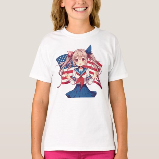 アメリカ愛国心のあるアニメの少女 Tシャツ (正面)