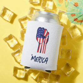 アメリカ愛国心を表現した『MERICA』ロゴと星条旗の拳のデザイン|アメリカ人の誇り 缶クーラー