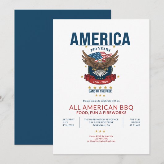 アメリカ愛国心 250周年 オールアメリカンBBQ USA イーグル 招待状 (正面/裏面)