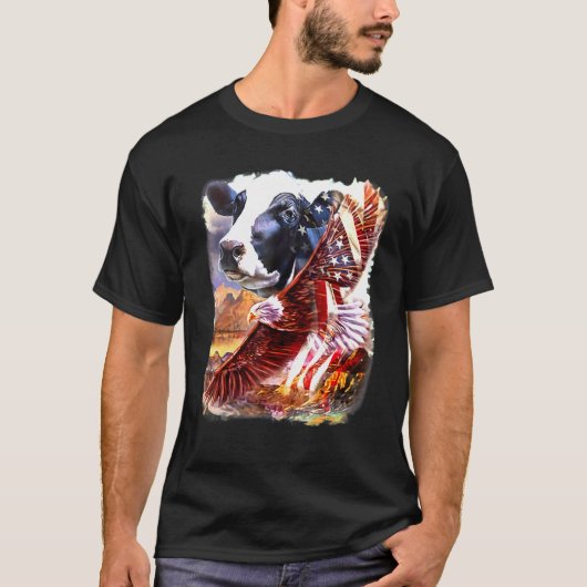 アメリカ愛国旗 牛が好き 私の国 米国 フラグ F Tシャツ (正面)