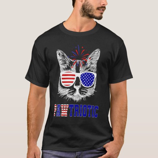 アメリカ愛国猫メガネ アメリカ国旗 7月4日 Tシャツ (正面)