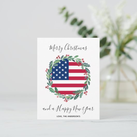 アメリカ愛国的なアメリカ国旗のクリスマスリース シーズンポストカード (スタンド正面)