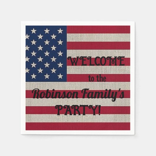 アメリカ愛国的なアメリカ国旗リネン書道文字 スタンダードカクテルナプキン (正面)