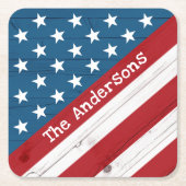 アメリカ愛国的なスターストライプズ国旗の名素朴前 スクエアペーパーコースター (正面)