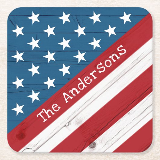 アメリカ愛国的なスターストライプズ国旗の名素朴前 スクエアペーパーコースター (正面)