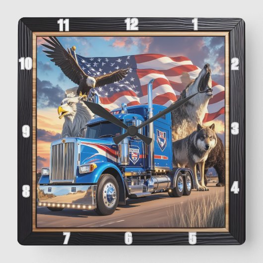アメリカ愛国的なトラックイーグルウルフ スクエア壁時計 (正面)
