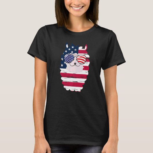 アメリカ愛国的なラマ米国国旗のグラス7月4日アルパ Tシャツ (正面)
