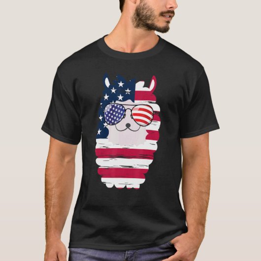 アメリカ愛国的なラマ米国国旗のグラス7月4日Alp Tシャツ (正面)