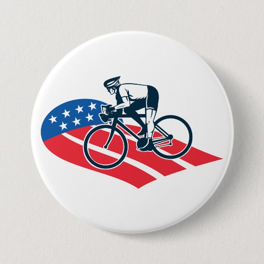 アメリカ愛国的サイクリングアメリカ国旗の自転車ライダー 缶バッジ (正面)