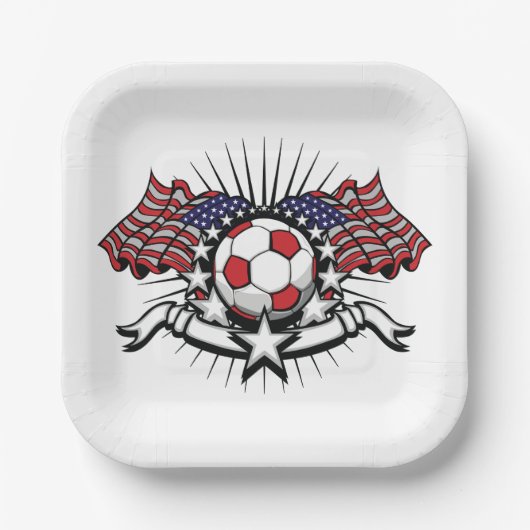 アメリカ愛国的サッカーデザインアメリカ国旗のサッカー ペーパープレート (正面)