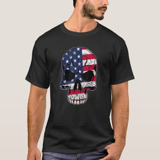 アメリカ愛国的スカル7月4日アメリカ国旗の男 Tシャツ (正面)