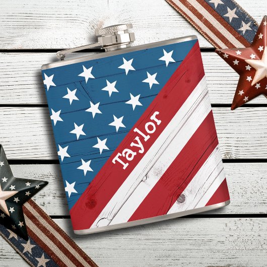 アメリカ愛国的7月4日素朴ウッドアメリカ国旗 フラスク