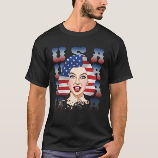 アメリカ愛国者誇りを持った向けアメリカ国旗の女性 Tシャツ (正面)