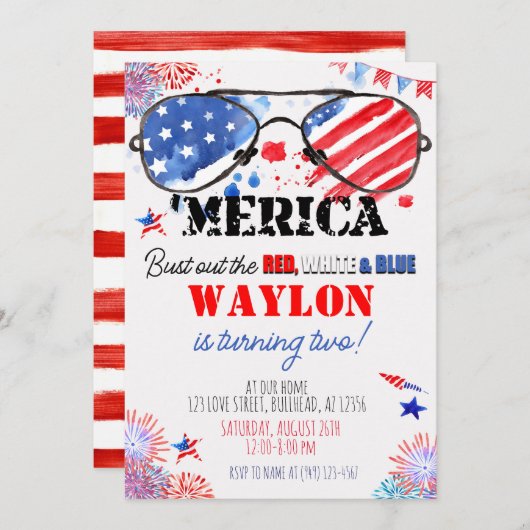 『アメリカ愛国赤白と青の二回目の誕生日 招待状 (正面/裏面)