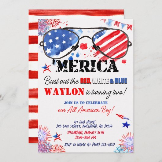 『アメリカ愛国赤白と青の二回目の誕生日 招待状 (正面/裏面)