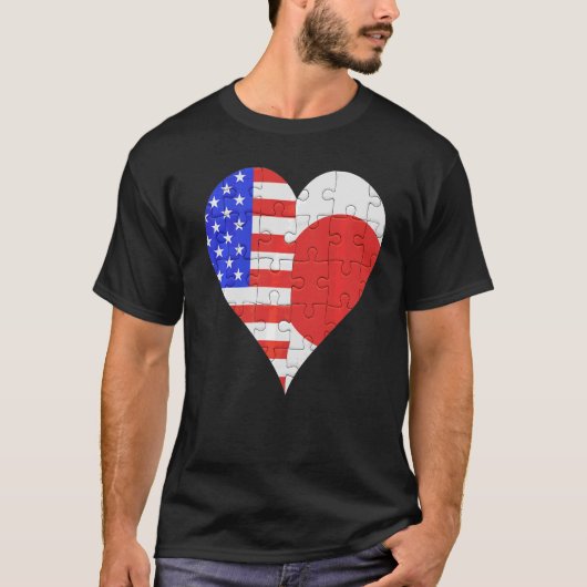 アメリカ日本の国旗のハート Tシャツ (正面)