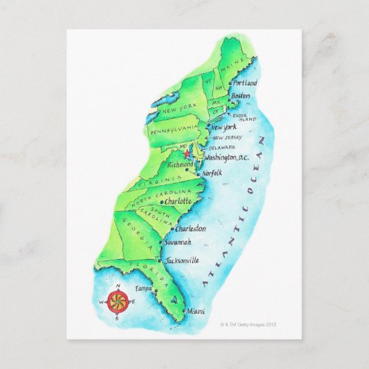 アメリカ東海岸の地図 ポストカード (正面)