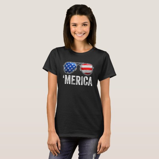 アメリカ独立国旗Dを掲げたメリカサングラス Tシャツ (正面フル)