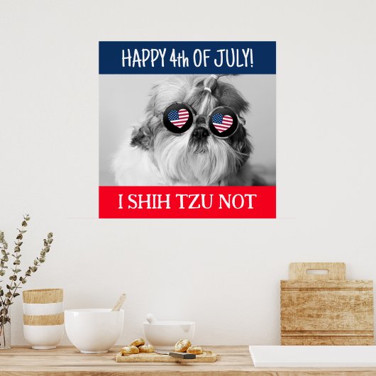 アメリカ独立記念日のおめでとう シーシュー犬ではない 犬 アメリカ国旗 壁 ポスター (キッチン)