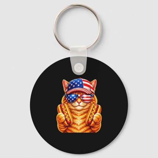 アメリカ独立記念日のホットドッグ猫　面白い愛国猫　アメリカ合衆国 キーホルダー (正面)