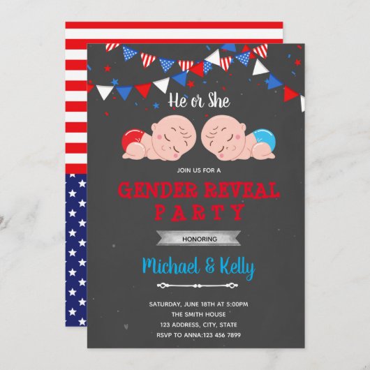 アメリカ独立記念日の性別発表パーティー招待状 招待状 (正面/裏面)