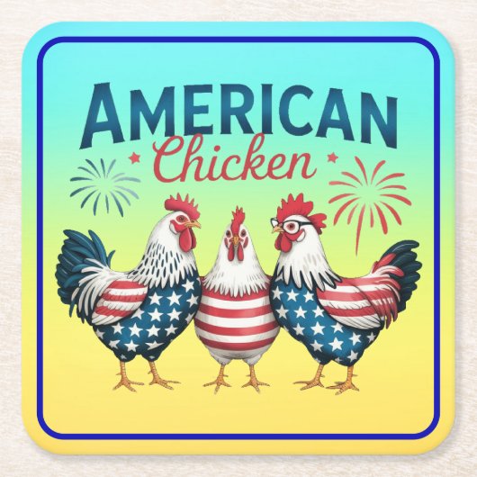 アメリカ独立記念日の愛国的なニワトリデザイン スクエアペーパーコースター (正面)