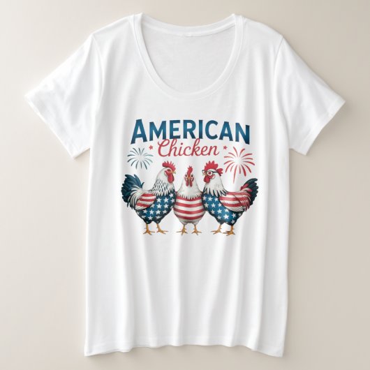 アメリカ独立記念日の愛国的なニワトリデザイン プラスサイズTシャツ (デザイン正面)