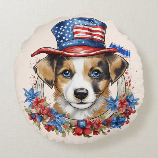 アメリカ独立記念日の愛国的子犬 ラウンドクッション (裏面)