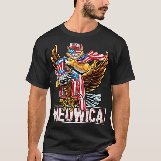 アメリカ独立記念日の猫とハクトウワシ メオウィカ 愛国ハート Tシャツ (正面)