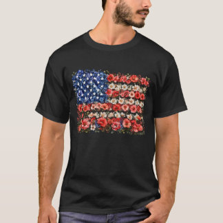アメリカ独立記念日の花USAアメリカ国旗 Tシャツ