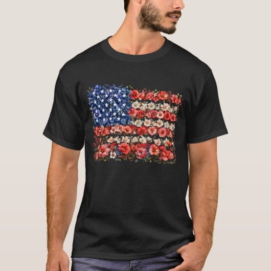 アメリカ独立記念日の花USAアメリカ国旗 Tシャツ (正面)