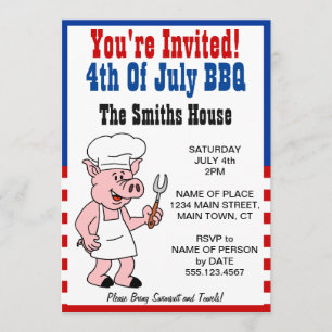 アメリカ独立記念日のBBQパーティーに招待 - かわいい豚の漫画 招待状