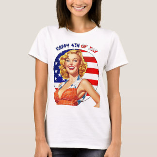 アメリカ独立記念日 ハッピーフォース オブ ジュライ レトロ ピンアップガール アート Tシャツ
