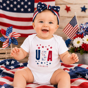 アメリカ独立記念日 モダン ベビーボディスーツ 名入れ