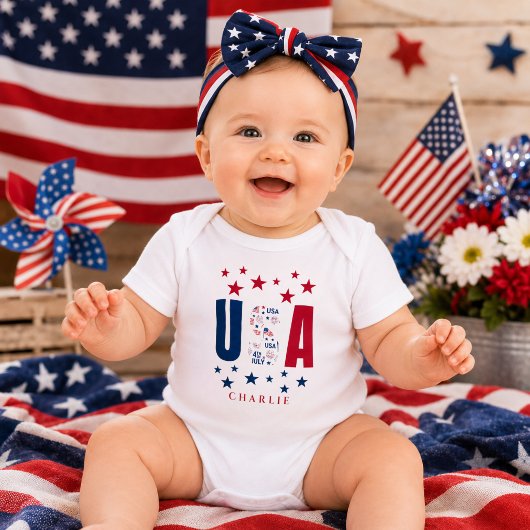 アメリカ独立記念日 モダン ベビーボディスーツ 名入れ