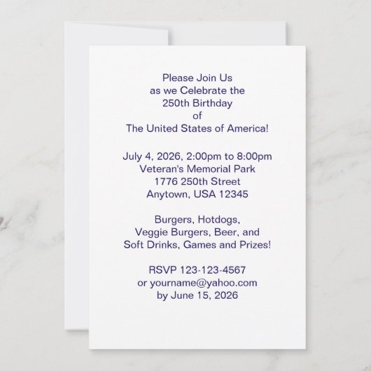 アメリカ独立250周年記念パーティー 赤白青の星条旗とBBQ 招待状 (裏面)