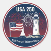 アメリカ独立250周年記念フラグ灯台マリタイムデザイン ラウンドシール (正面)