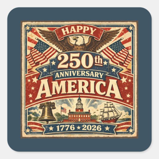 アメリカ独立250周年記念ヴィンテージ風アメリカ愛 スクエアシール (正面)