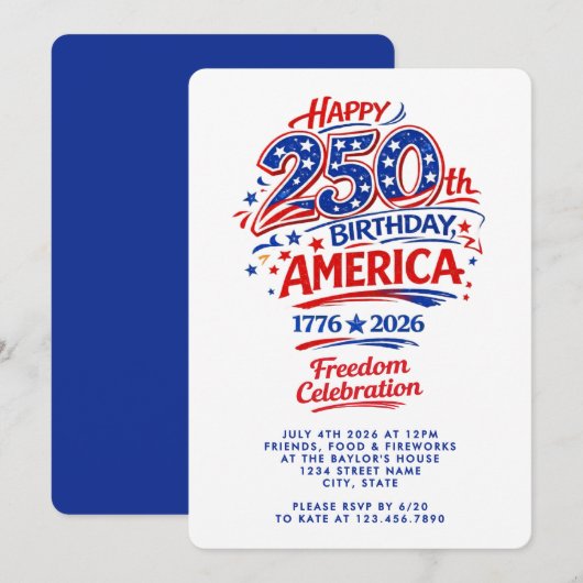 アメリカ独立250周年記念日7月4日のパーティー 招待状 (正面/裏面)