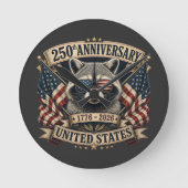 アメリカ独立250周年記念 アライグマ レトロ 7月4日 ラウンド壁時計 (正面)
